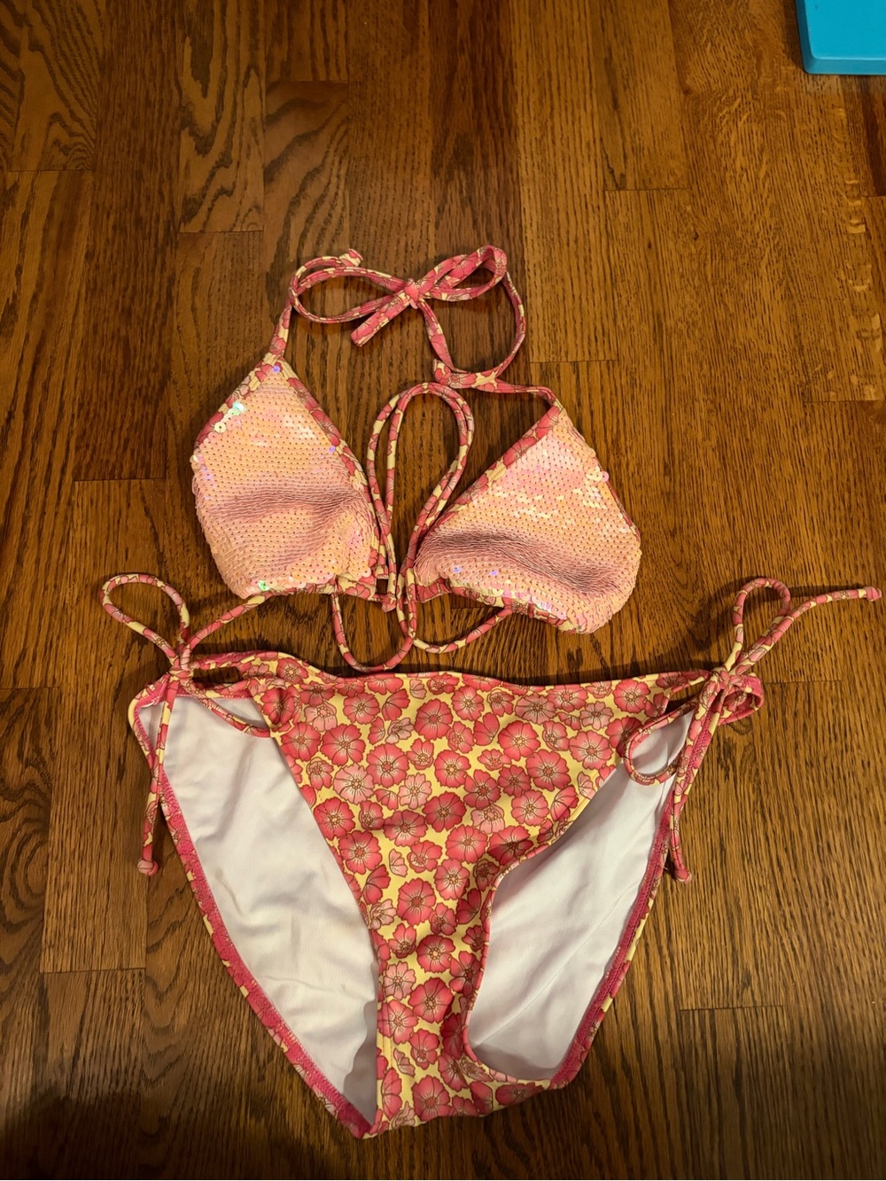 Victoria secret large rare Pink Floral Sequin Triangle Bikini Set